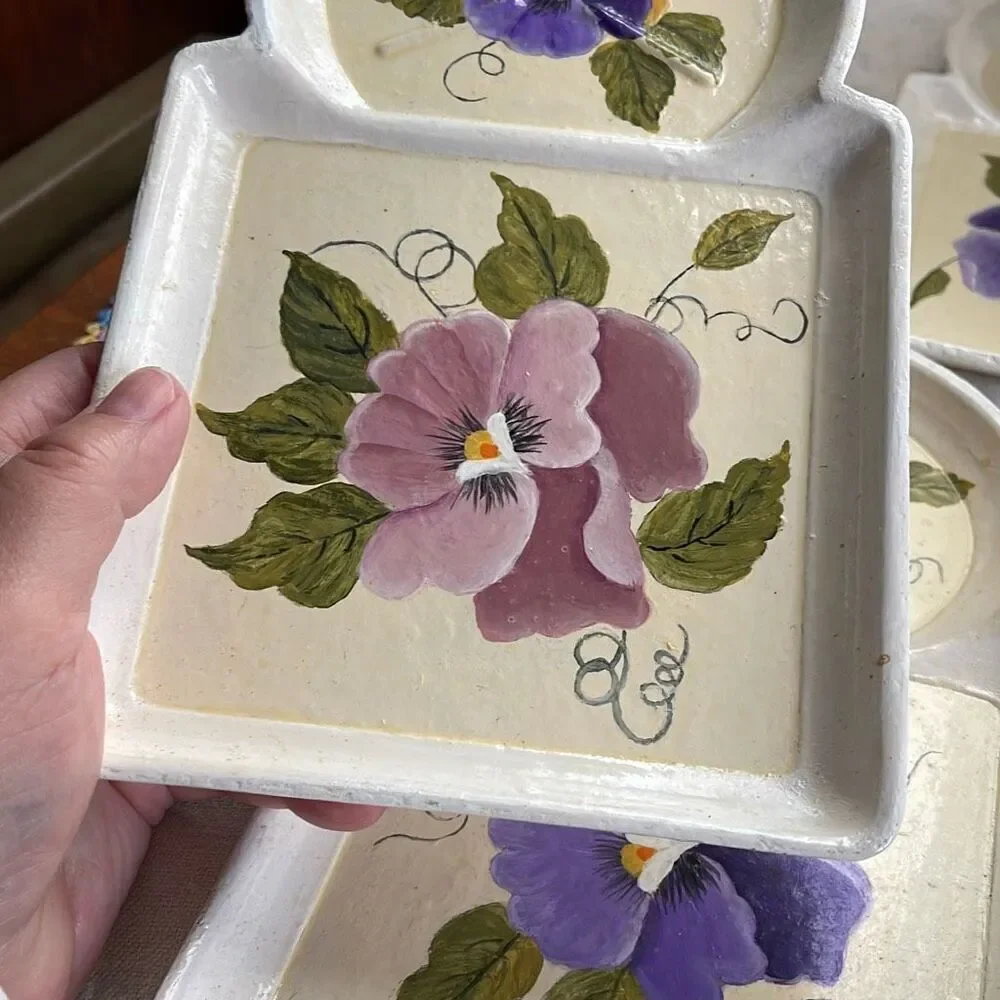 Vintage lot of 3 hand painted snack dishes. Cup and appetizer plates.